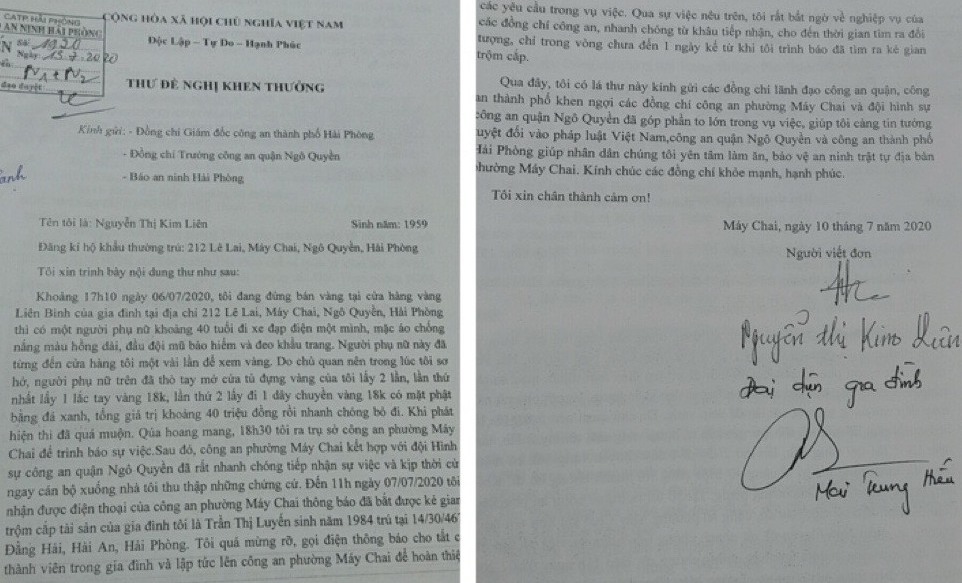 Người dân viết thư cảm ơn Công an quận Ngô Quyền phá nhanh vụ trộm cắp tài sản